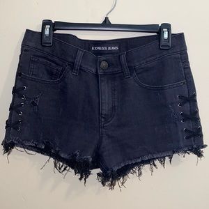 Express faded black distressed side lace shorts